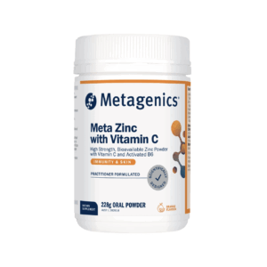 A white plastic container of Meta Zinc with Vitamin C Orange 228g Powder, highlighting immunity and skin support benefits, orange flavor, and product details.